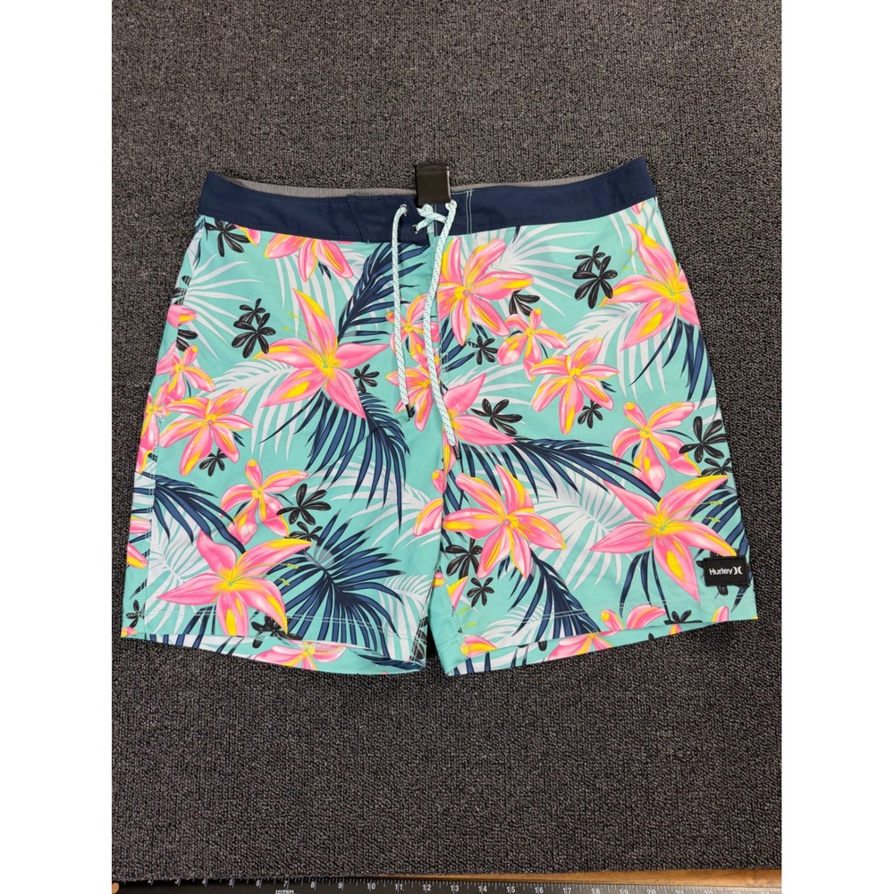 Hurley Phantom Men 34 Board Shorts Turquoise Pink Floral Tropical Swim Trunks